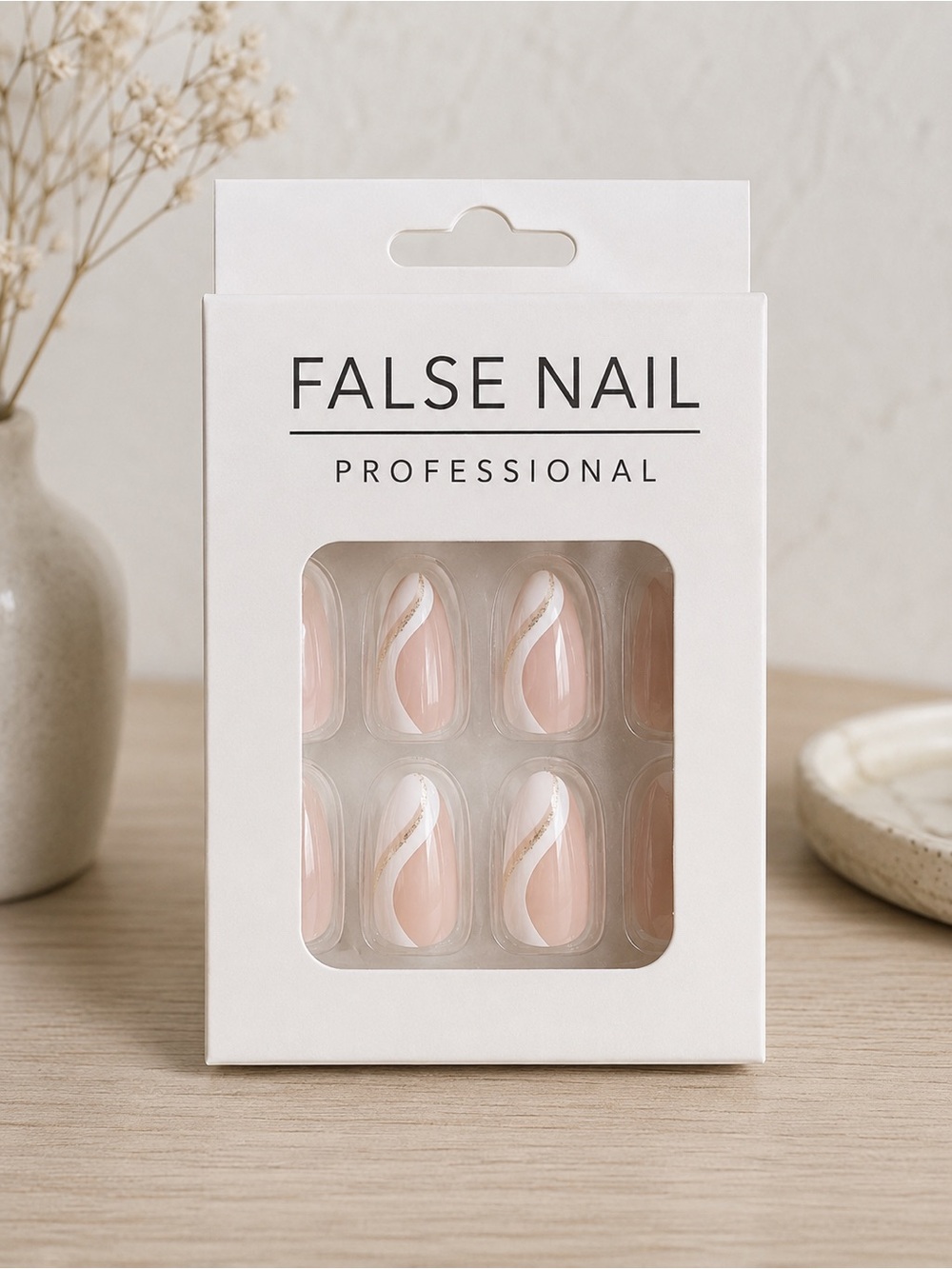 Nude White Gold Swirl Press-On Nails Almond Fake Nails NEW - Picture 1 of 1